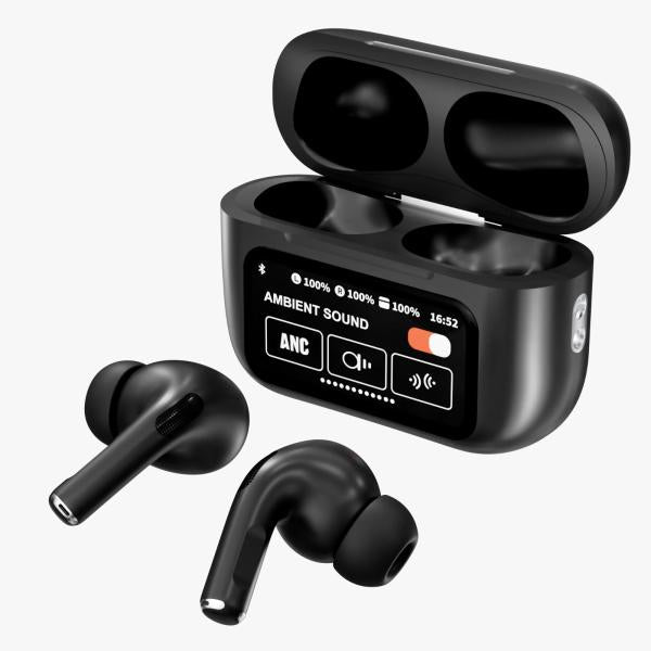 Black wireless earbuds with charging case on a white background