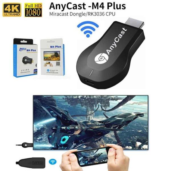 AnyCast -M4 Plus Miracast dongle shown with its retail packaging, a wireless connection icon, a TV screen displaying a futuristic scene, and hands holding a smartphone below the TV.