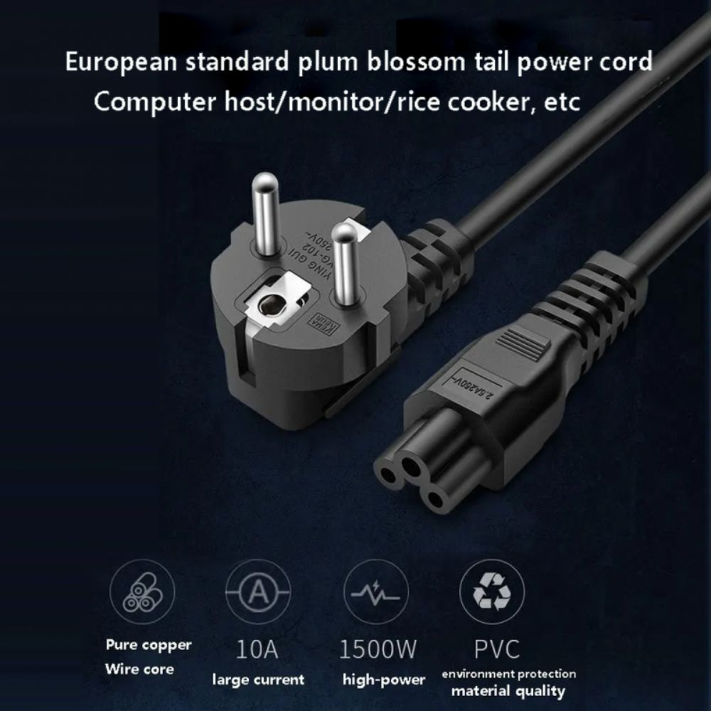 European standard plum blossom tail power cord with a 3-pin plug and a multi-pin connector, shown on a dark blue background with text describing its features and specifications.