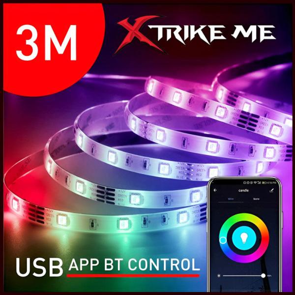 RGB LED strip lights with 3M logo and XTRIKE ME branding, USB app BT control displayed.