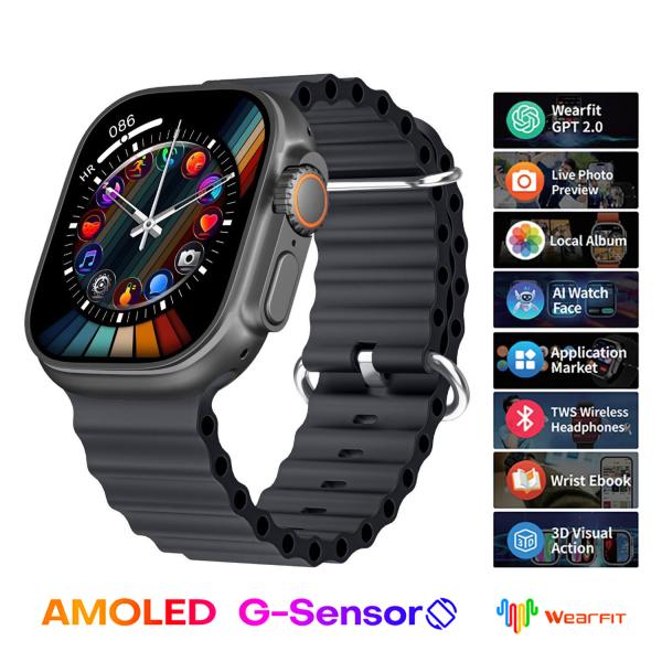 Smartwatch with black band and colorful display, featuring WearFit app icons on a white background.