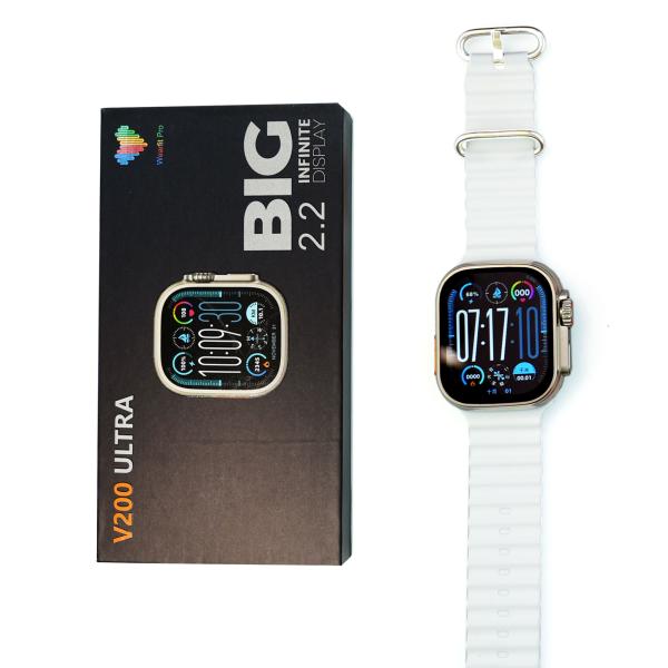 A smartwatch with a white textured strap and a gold-toned case shown next to its black retail box on a white background. The packaging features the text 'BIG 2.