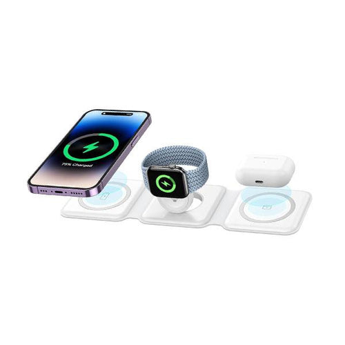 Multi-device wireless charging stand with smartphone, smartwatch, and earbuds on a white background