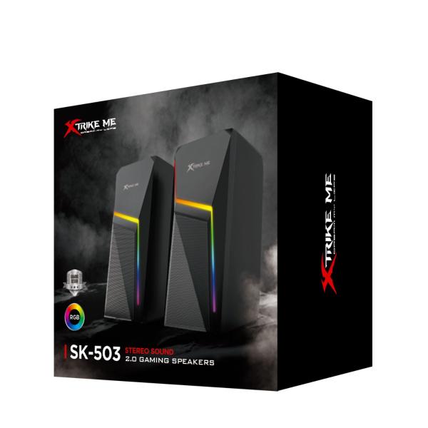 Box of Xtrike Me SK-503 stereo sound gaming speakers with RGB lighting on a white background.