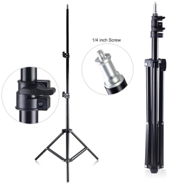 Black photography light stand with close-up details on a white background