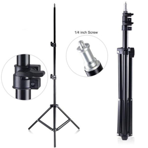 Black photography light stand with close-up details on a white background
