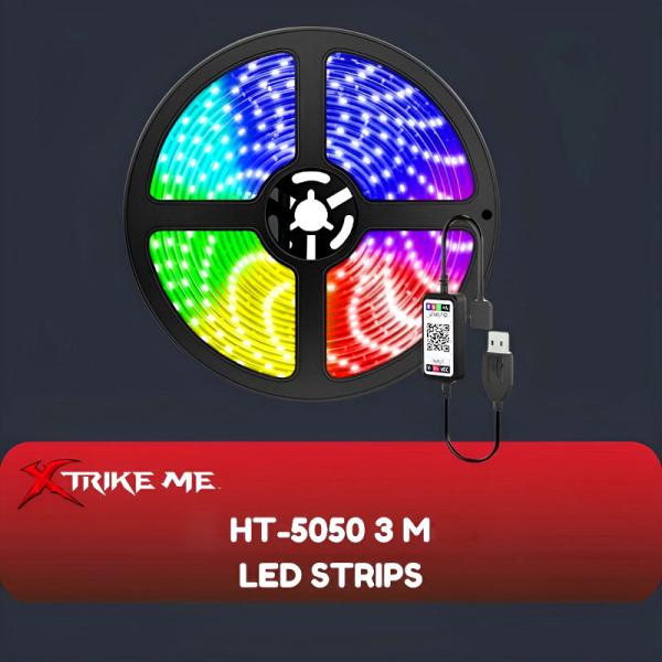 LED strip with color-changing lights on a dark background, featuring the brand 'XTRIKE ME'.