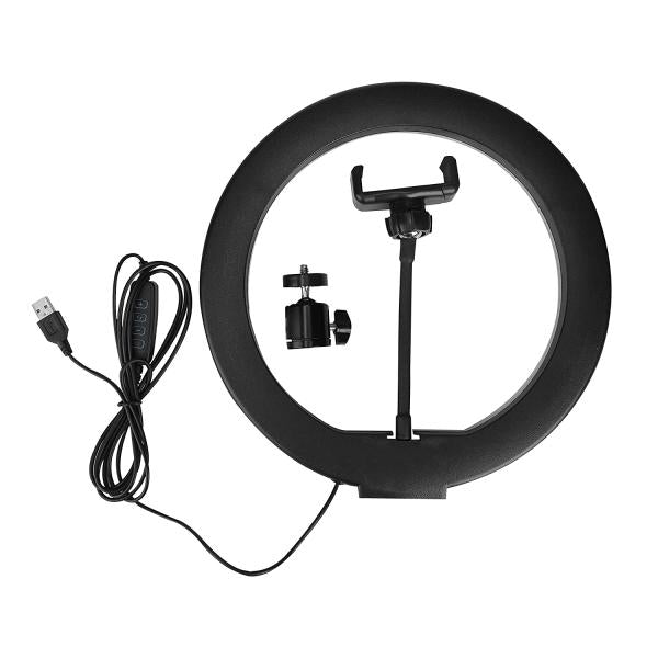 Black ring light with smartphone holder on a white background