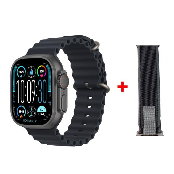 Smartwatch with black band and additional band on a white background