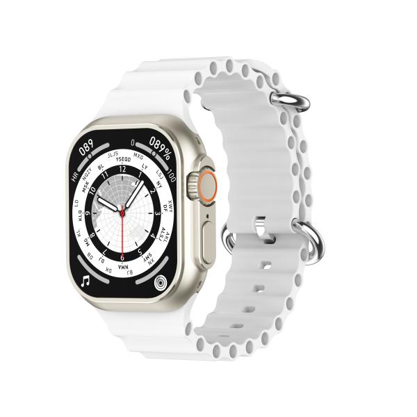 A smartwatch with a square silver-toned case and a white perforated silicone strap, shown on a clean white background. The watch face displays a black and white analog-style interface with a small orange accent ring around the side button.