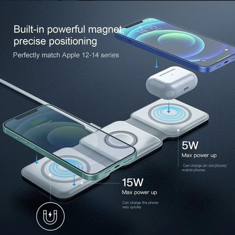 Wireless charging pad with smartphone and AirPods on a dark background