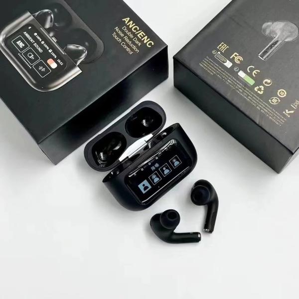 Black wireless earbuds with charging case on a white background, featuring the brand 'ANCIENT'.