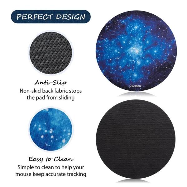 Mouse pad with blue galaxy design and black anti-slip back, featuring text on features.