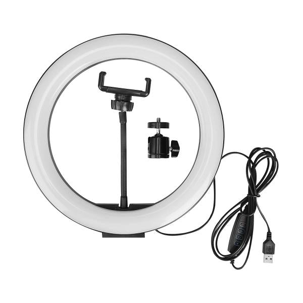 A white ring light with a black adjustable stand, phone mount, and attached power cable on a plain white background.