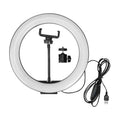 A white ring light with a black adjustable stand, phone mount, and attached power cable on a plain white background.