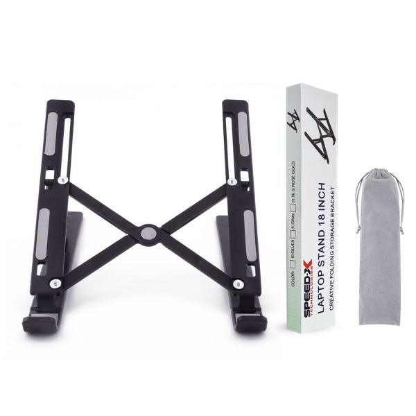 Black metal laptop stand with adjustable legs, shown next to its white and green product packaging box and a light gray drawstring storage pouch on a white background.