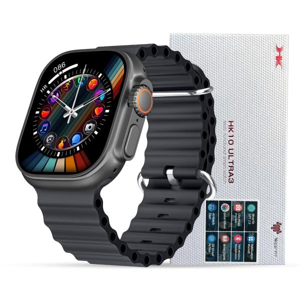 Smartwatch with black band and colorful display, next to a box labeled 'HK10 Ultra3'.