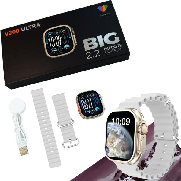 Smartwatch with accessories and packaging on a white background