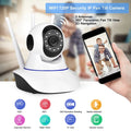 White 3-antenna smart CCTV camera showing 360-degree pan and tilt rotation angles