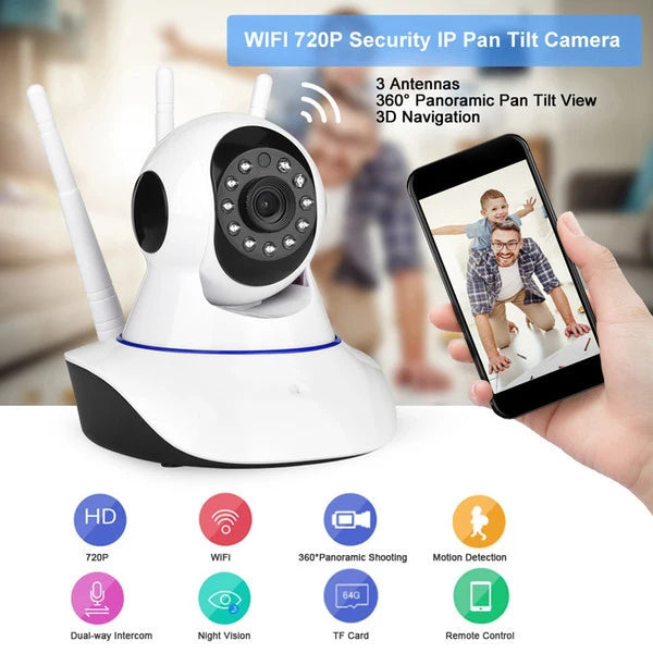 White 3-antenna smart CCTV camera showing 360-degree pan and tilt rotation angles
