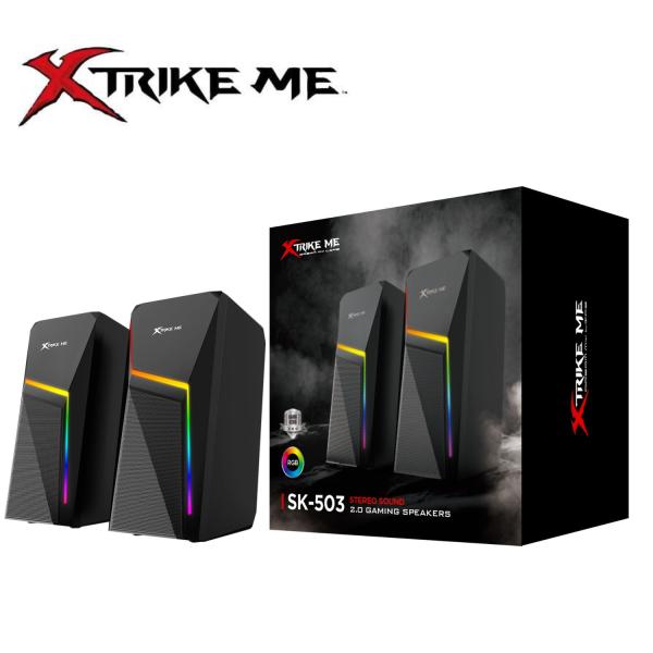 Gaming speakers with Xtrike Me branding and packaging on a white background