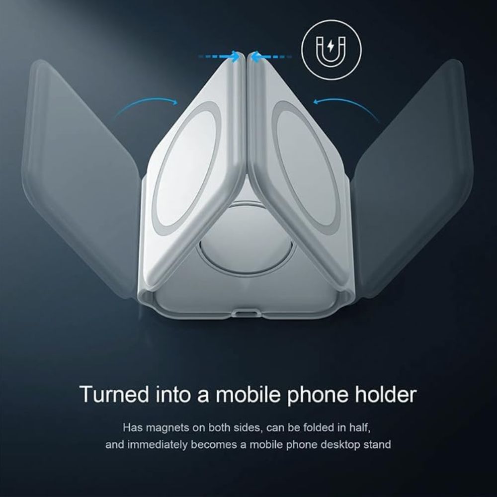 Foldable phone holder with magnetic sides on a dark background
