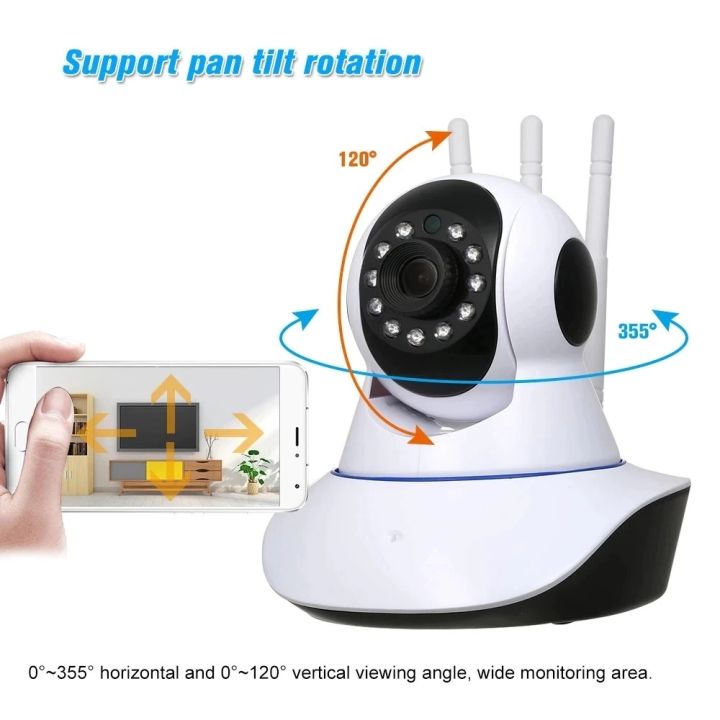 White 3-antenna smart CCTV camera showing 360-degree pan and tilt rotation angles