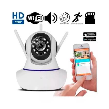 White 3-antenna smart CCTV camera showing 360-degree pan and tilt rotation angles