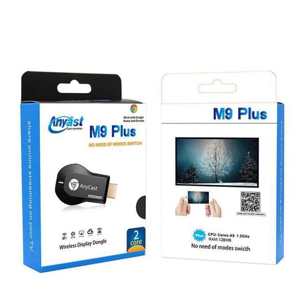 AnyCast M9 Plus wireless display dongle packaging on a white background