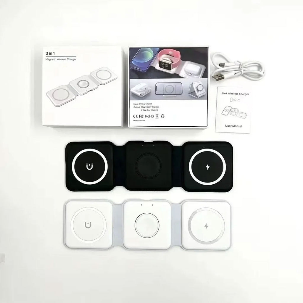 Wireless charging pad with packaging and accessories on a white background