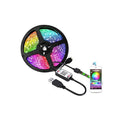 A coiled RGB LED light strip with a USB connector, a small control box, and a smartphone showing a color display app, all on a plain white background.