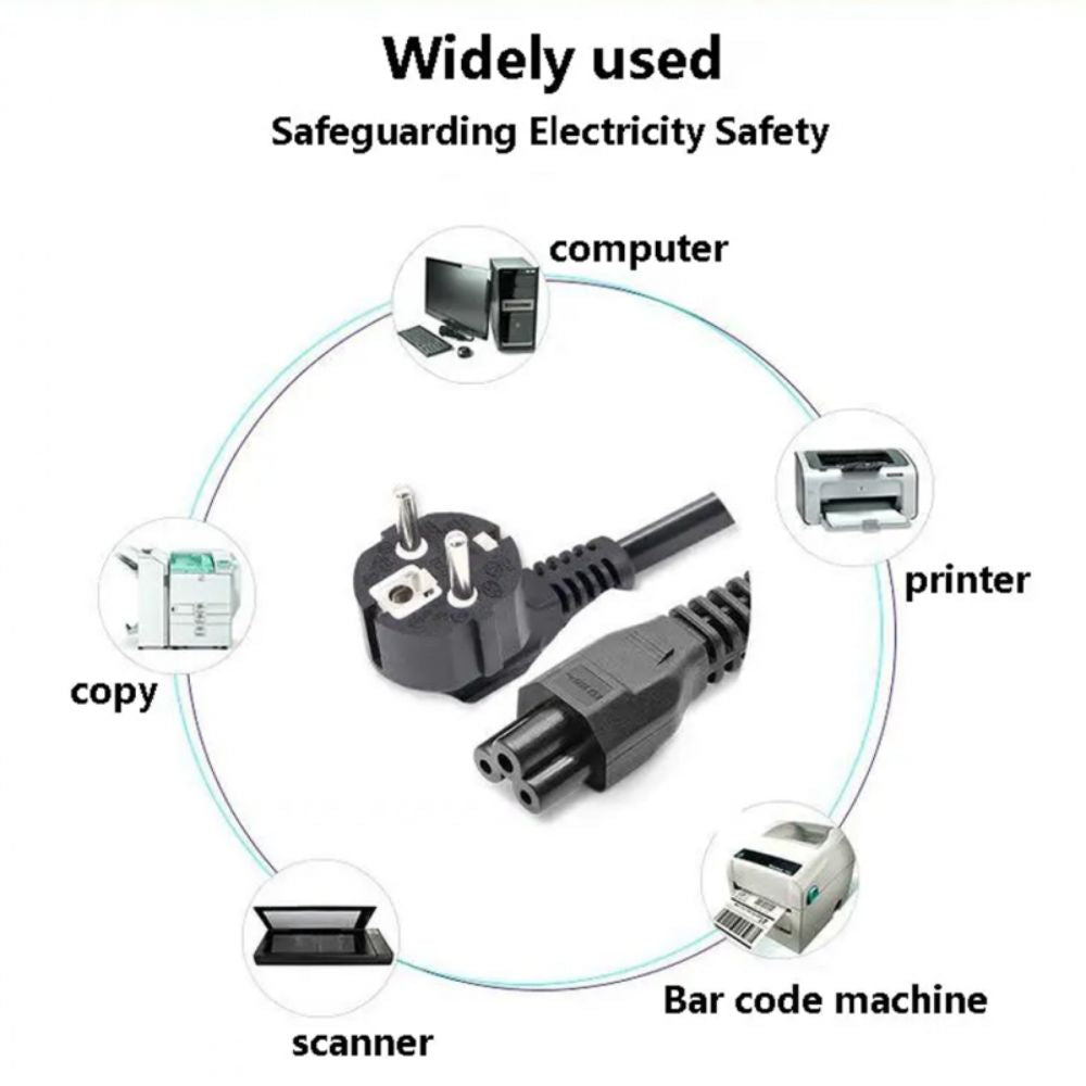 A black three-pin electrical plug with a black power cord shown in the center of a white infographic. The image includes the text 'Widely used' and 'Safeguarding Electricity Safety,' plus circular icons showing the plug being used with a computer, printer, copy machine, scanner, and bar code machine.