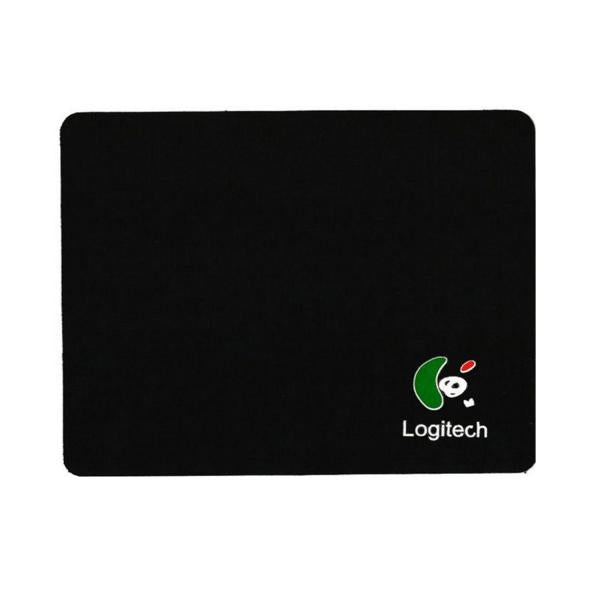 A black Logitech mouse pad with a small green, white, and red logo and the Logitech brand name in the bottom right corner, shown on a plain white background.