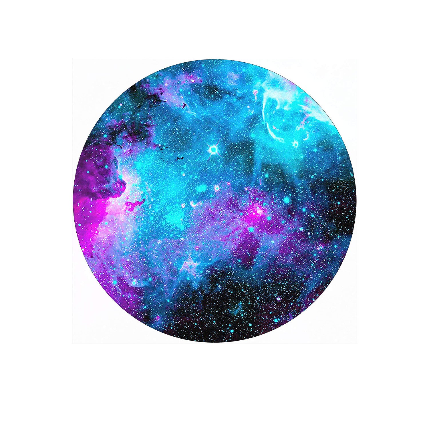 Round sticker with a colorful galaxy design on a white background