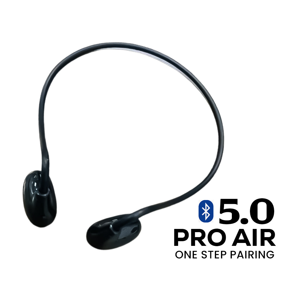 Black wireless earbud headphones with Bluetooth 5.0 branding on a white background