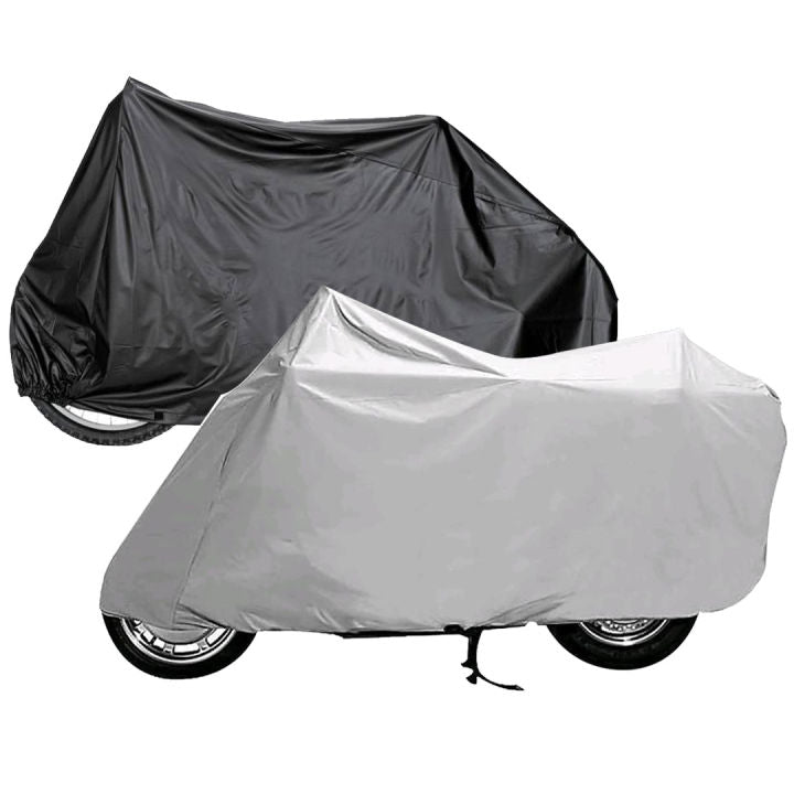 Pack of two waterproof parachute motorcycle bike covers displayed side by side