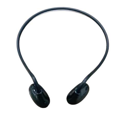 Black flexible neck strap on a white background