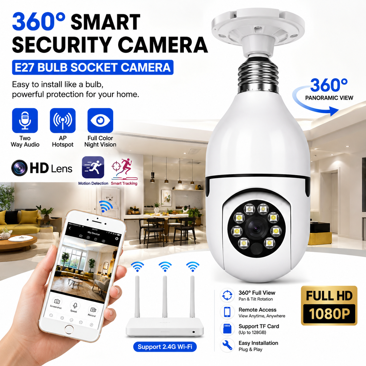Mini PTZ 1080P Bulb Security Camera WiFi | shopland.pk