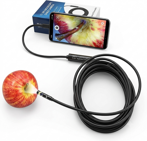 11.5ft endoscope cable camera connected to an Android phone displaying a live pipe inspection feed