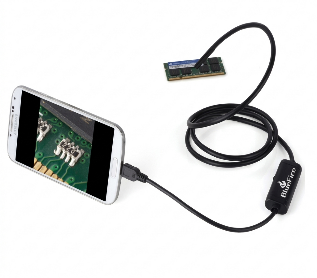 11.5ft endoscope cable camera connected to an Android phone displaying a live pipe inspection feed