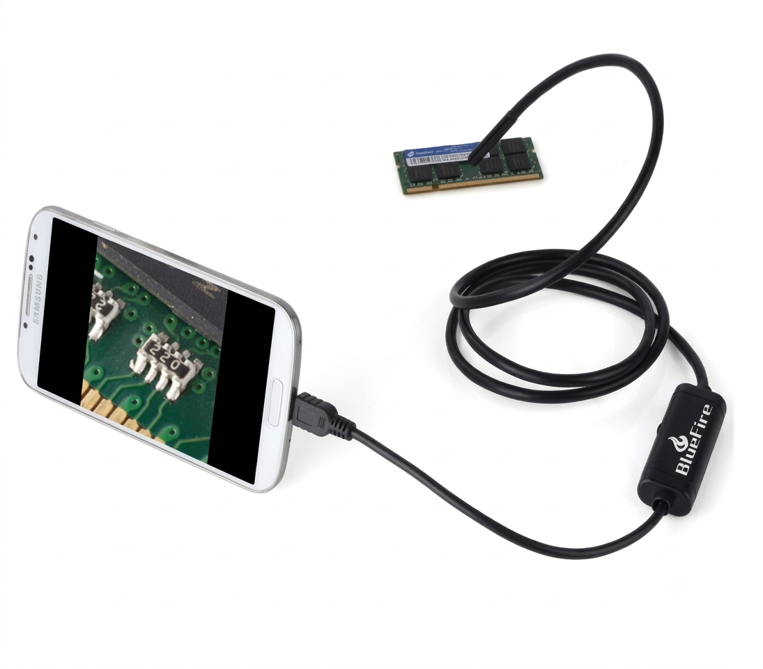 11.5ft endoscope cable camera connected to an Android phone displaying a live pipe inspection feed
