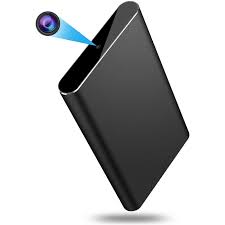 Front view of black H2 power bank with dual USB ports and concealed camera lens