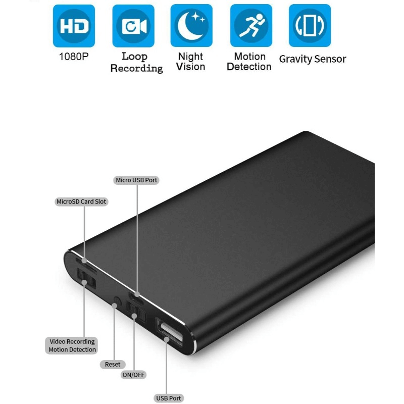 Front view of black H2 power bank with dual USB ports and concealed camera lens