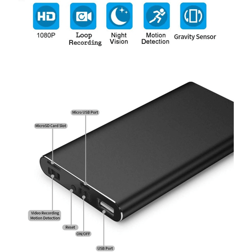 Front view of black H2 power bank with dual USB ports and concealed camera lens