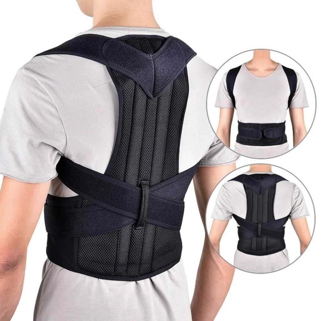 Front view of adjustable posture corrector back brace worn over a shirt
