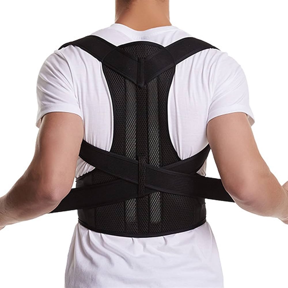 Front view of adjustable posture corrector back brace worn over a shirt