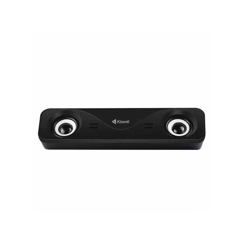 A black Kisan smart speaker bar with two circular speakers and a white logo in the center, shown against a plain white background.