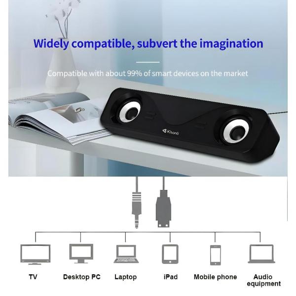 Black audio device on a table with text about compatibility and a diagram of devices it supports.