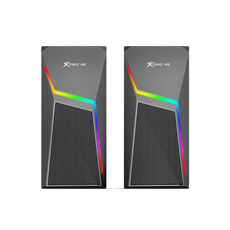 Two matching black Xtorque ME desktop towers shown side by side on a plain white background, each with a large front grille and a vertical RGB light strip running along the upper right side.