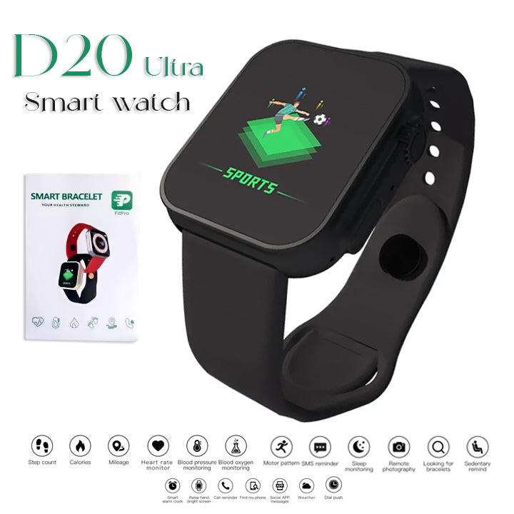 Black smart watch with digital display and packaging on a white background